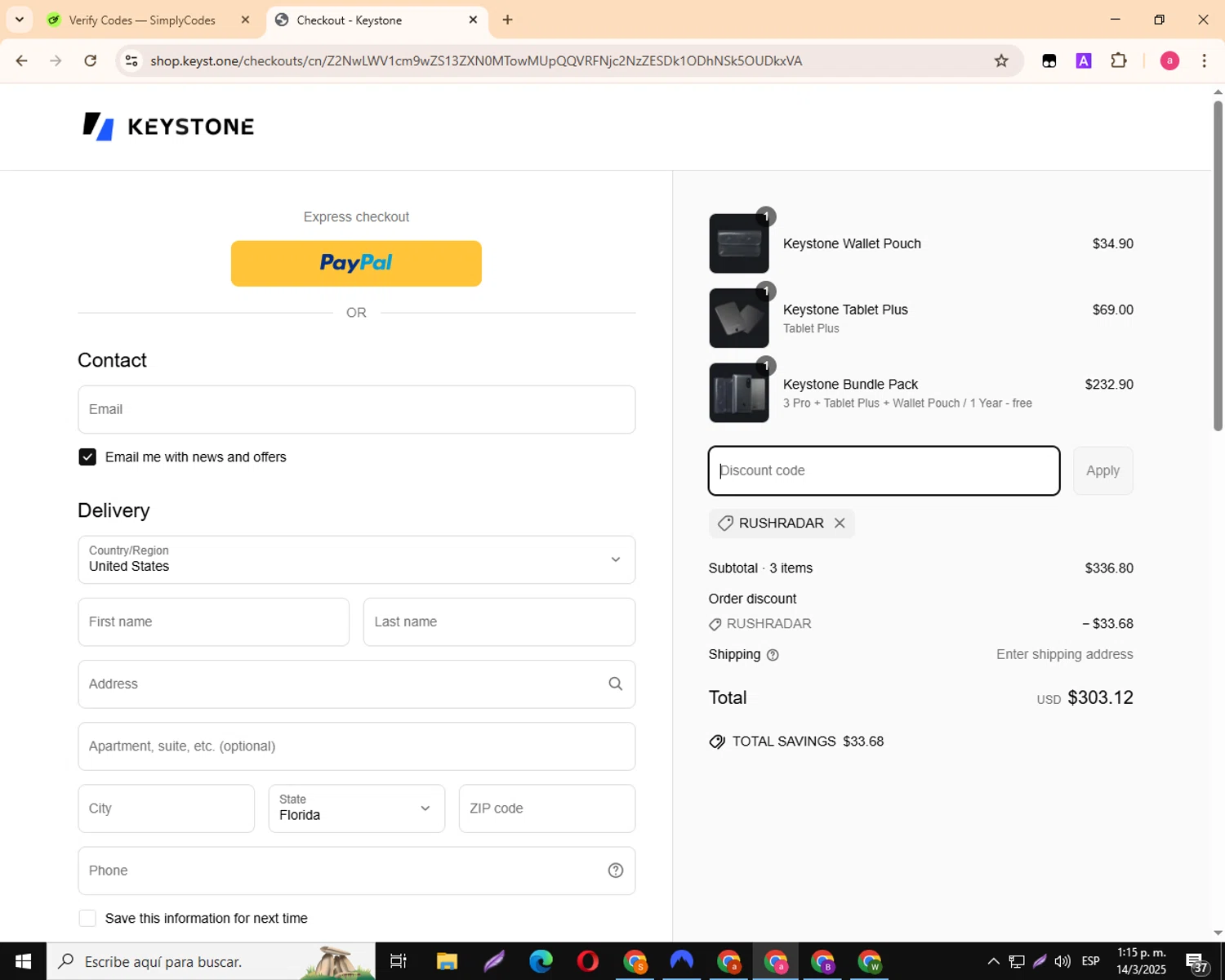 Keyst.one promo code screenshot showing code RUSHRADAR applied at Keyst.one checkout page. Uploaded by SimplyCodes community member MagnificentKnight3359 on Mar 14, 2025