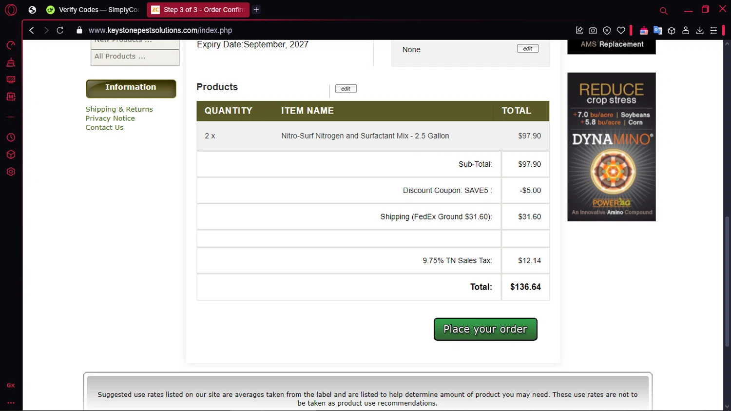 Keystone Pest Solutions checkout page showing Keystone Pest Solutions coupon code box | Screenshot taken by SimplyCodes community member on Mar 5, 2025