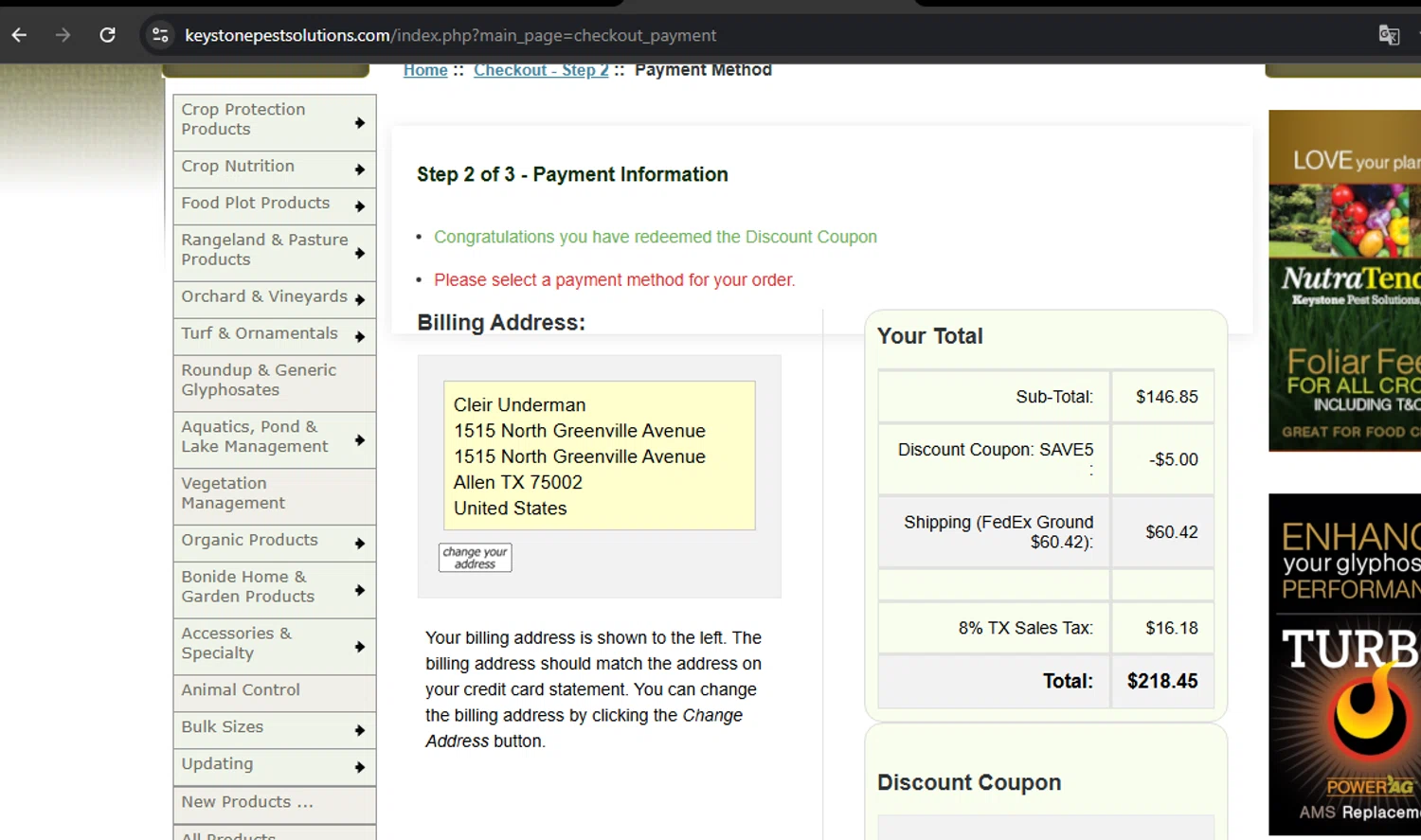 Keystone Pest Solutions checkout page showing Keystone Pest Solutions coupon code box | Screenshot taken by SimplyCodes community member on Mar 5, 2025