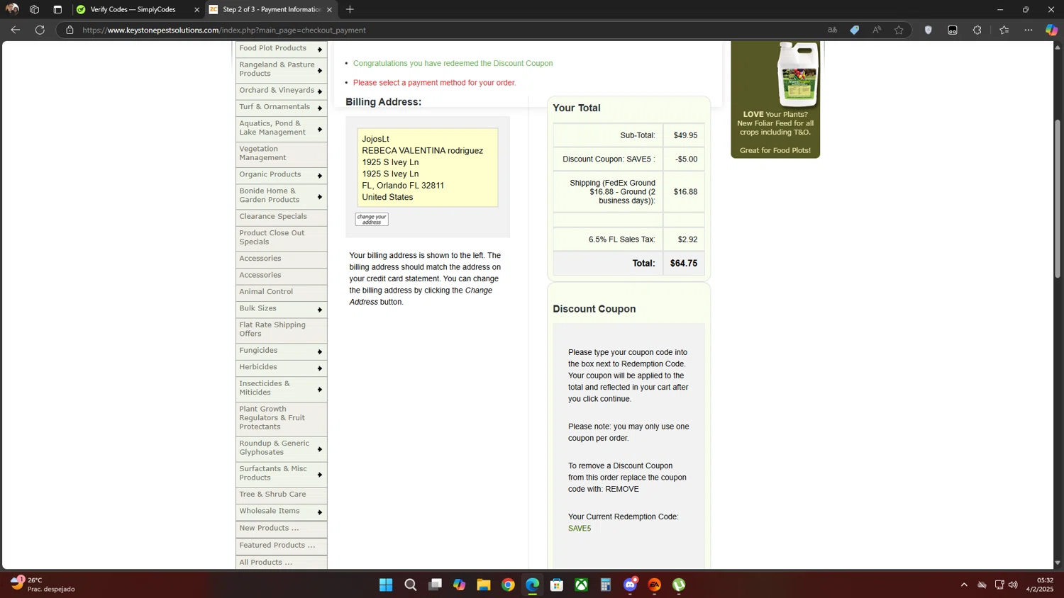 Keystone Pest Solutions checkout page showing Keystone Pest Solutions coupon code box | Screenshot taken by SimplyCodes community member on Feb 4, 2025