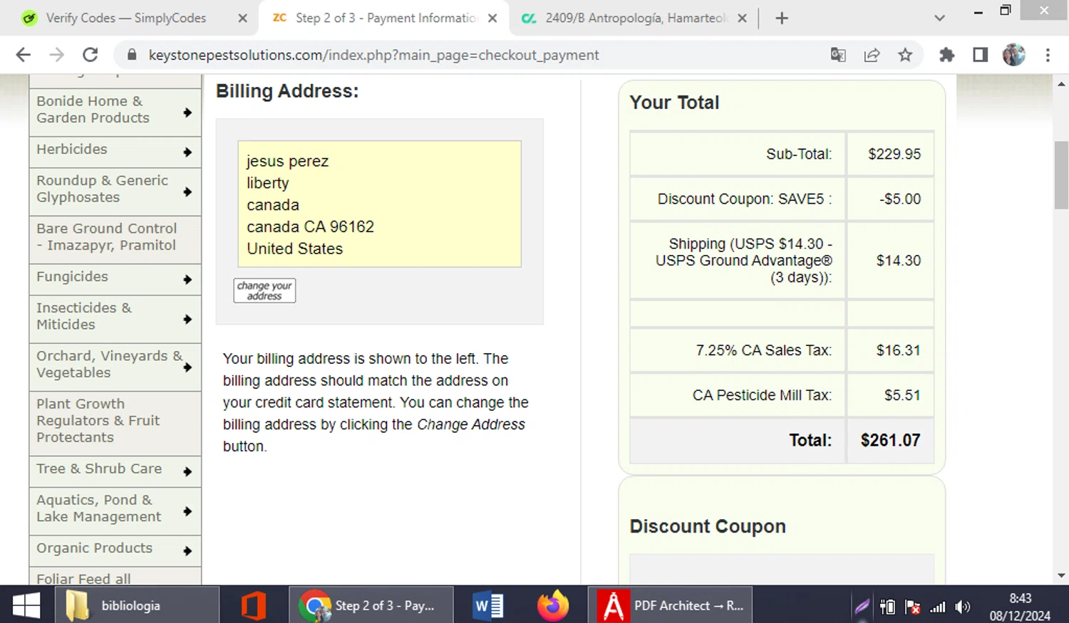 Keystone Pest Solutions checkout page showing Keystone Pest Solutions coupon code box | Screenshot taken by SimplyCodes community member on Dec 8, 2024