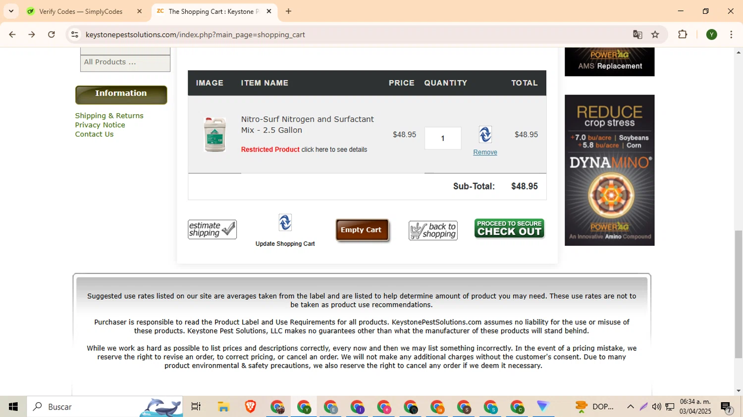 Keystone Pest Solutions coupon code screenshot showing code SAVE5 applied at Keystone Pest Solutions checkout page. Uploaded by SimplyCodes community member ylleneromero on Apr 3, 2025