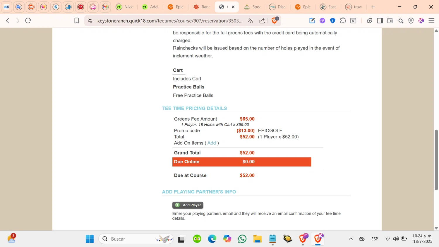 Keystone Ski Resort promo code screenshot showing code EPICGOLF applied at Keystone Ski Resort checkout page. Uploaded by SimplyCodes community member cosita on Jul 18, 2025