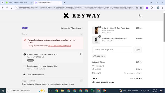 Keyway Designs checkout page showing Keyway Designs promo code box | Screenshot taken by SimplyCodes community member on Sep 2, 2025