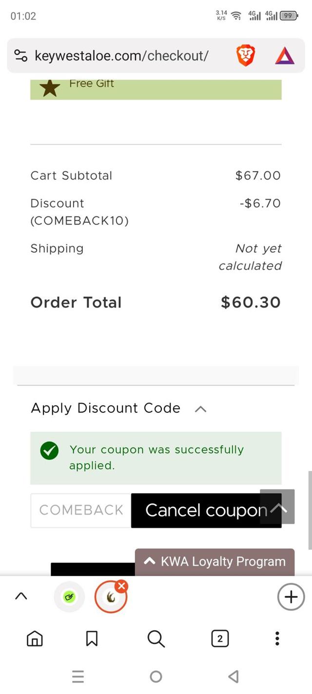 Key West Aloe checkout page showing Key West Aloe coupon code box | Screenshot taken by SimplyCodes community member on Sep 8, 2025