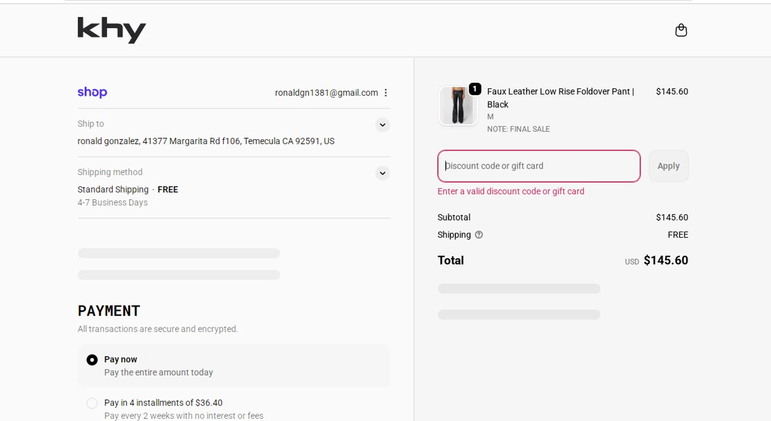 Khy discount code screenshot showing code KHYVIP applied at Khy checkout page. Uploaded by SimplyCodes community member CleverAdmiral7613 on Nov 25, 2025