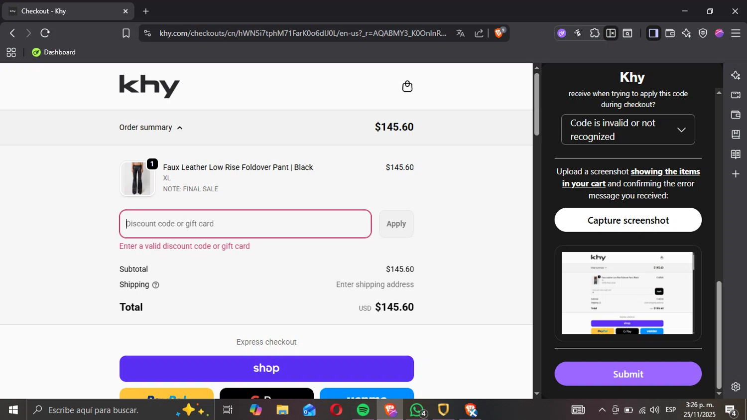 Khy discount code screenshot showing code KHYVIP applied at Khy checkout page. Uploaded by SimplyCodes community member ExtraordinarySentinel7066 on Nov 25, 2025