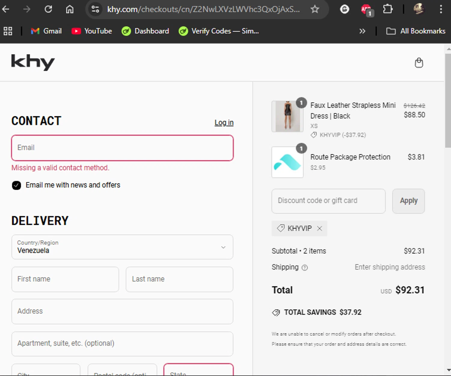 Khy checkout page showing Khy discount code box | Screenshot taken by SimplyCodes community member on Nov 26, 2024