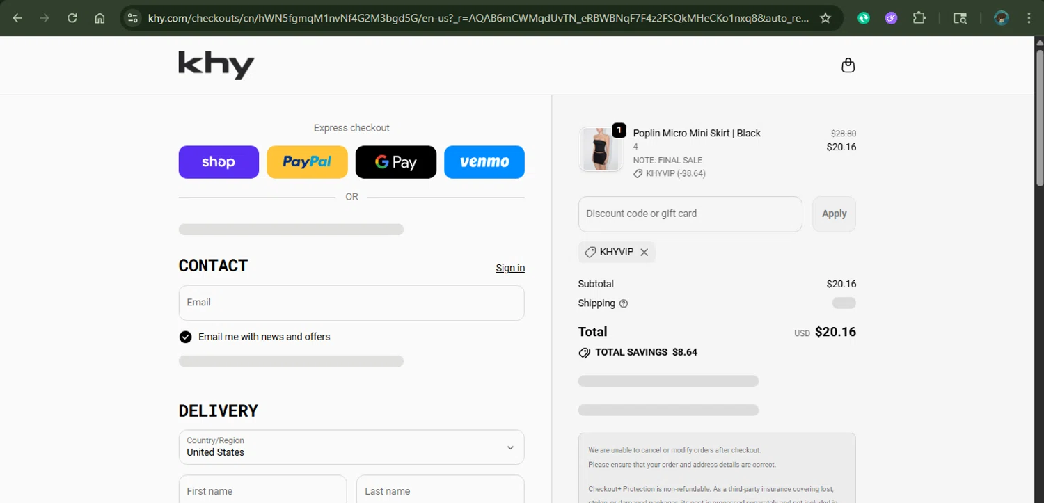 Khy checkout page showing Khy discount code box | Screenshot taken by SimplyCodes community member on Nov 24, 2025