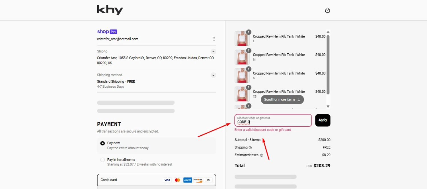Khy discount code screenshot showing code CODE10 applied at Khy checkout page. Uploaded by SimplyCodes community member FundoSinai on Jun 26, 2025