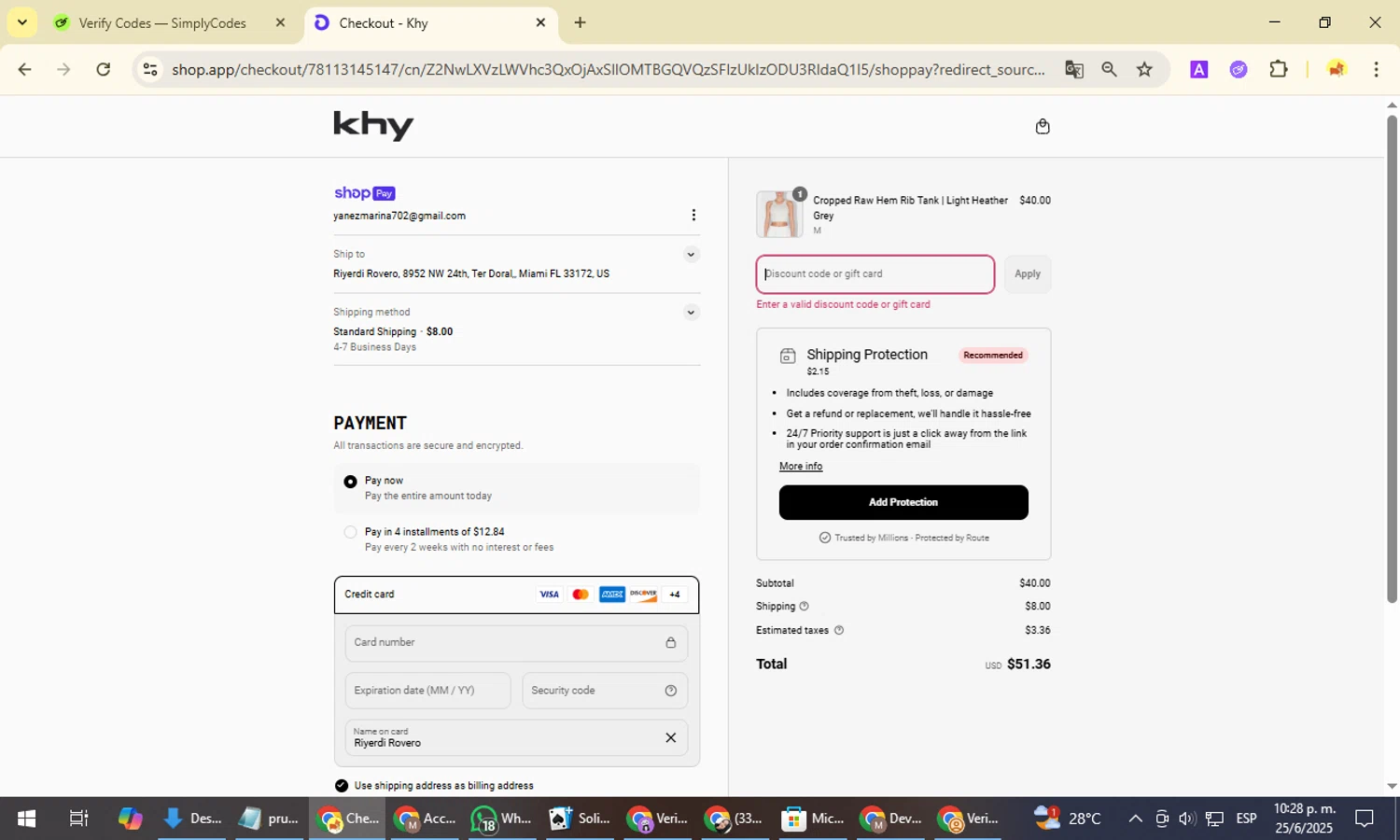 Khy discount code screenshot showing code CODE10 applied at Khy checkout page. Uploaded by SimplyCodes community member NobleMonarch1787 on Jun 26, 2025