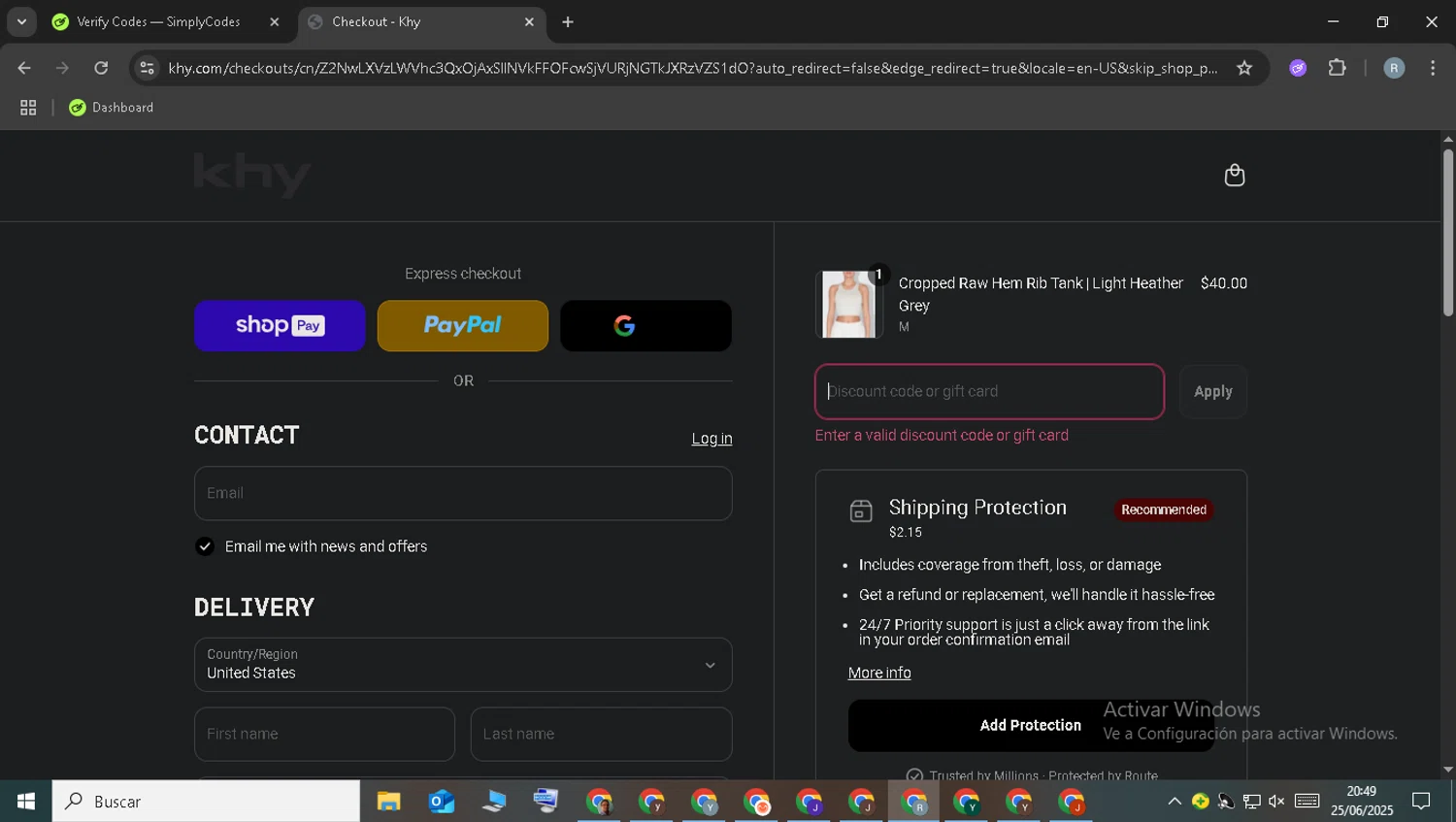 Khy discount code screenshot showing code CODE10 applied at Khy checkout page. Uploaded by SimplyCodes community member WonderCollector7587 on Jun 26, 2025