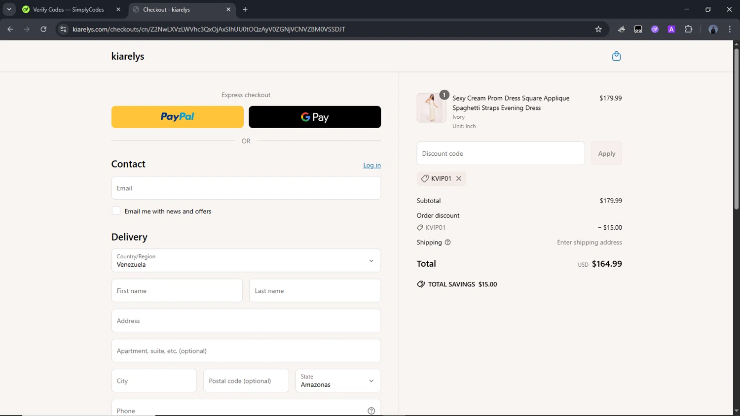 kiarelys promo code screenshot showing code KVIP01 applied at kiarelys checkout page. Uploaded by SimplyCodes community member Time_sin_filtro on Jun 15, 2025