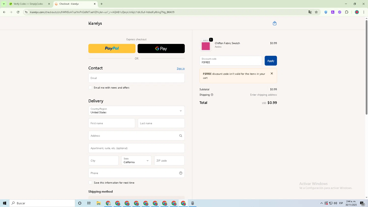kiarelys promo code screenshot showing code FSFREE applied at kiarelys checkout page. Uploaded by SimplyCodes community member David_Garcia on Nov 30, 2025