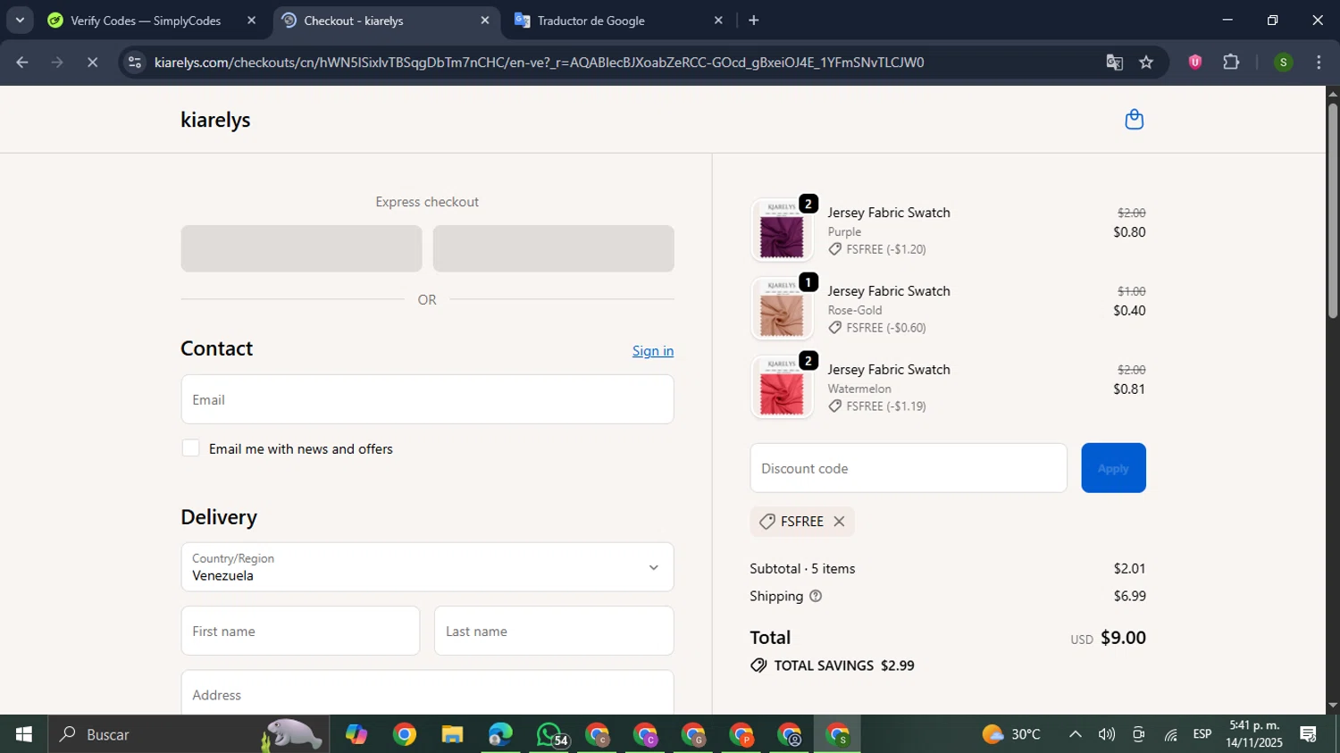 kiarelys promo code screenshot showing code FSFREE applied at kiarelys checkout page. Uploaded by SimplyCodes community member RewardMaverick445 on Nov 14, 2025