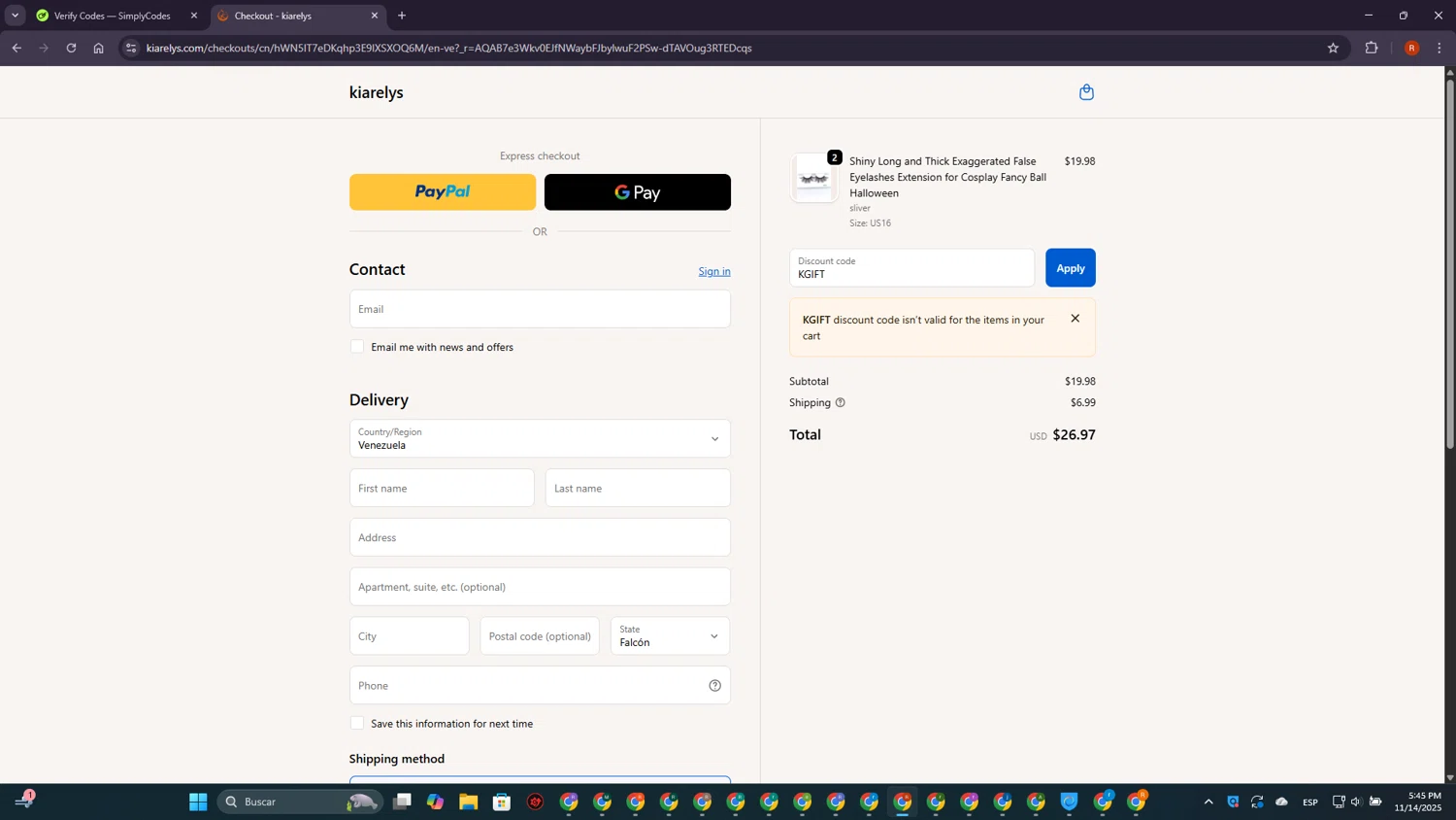 kiarelys promo code screenshot showing code KGIFT applied at kiarelys checkout page. Uploaded by SimplyCodes community member MagnificentExpert2705 on Nov 14, 2025