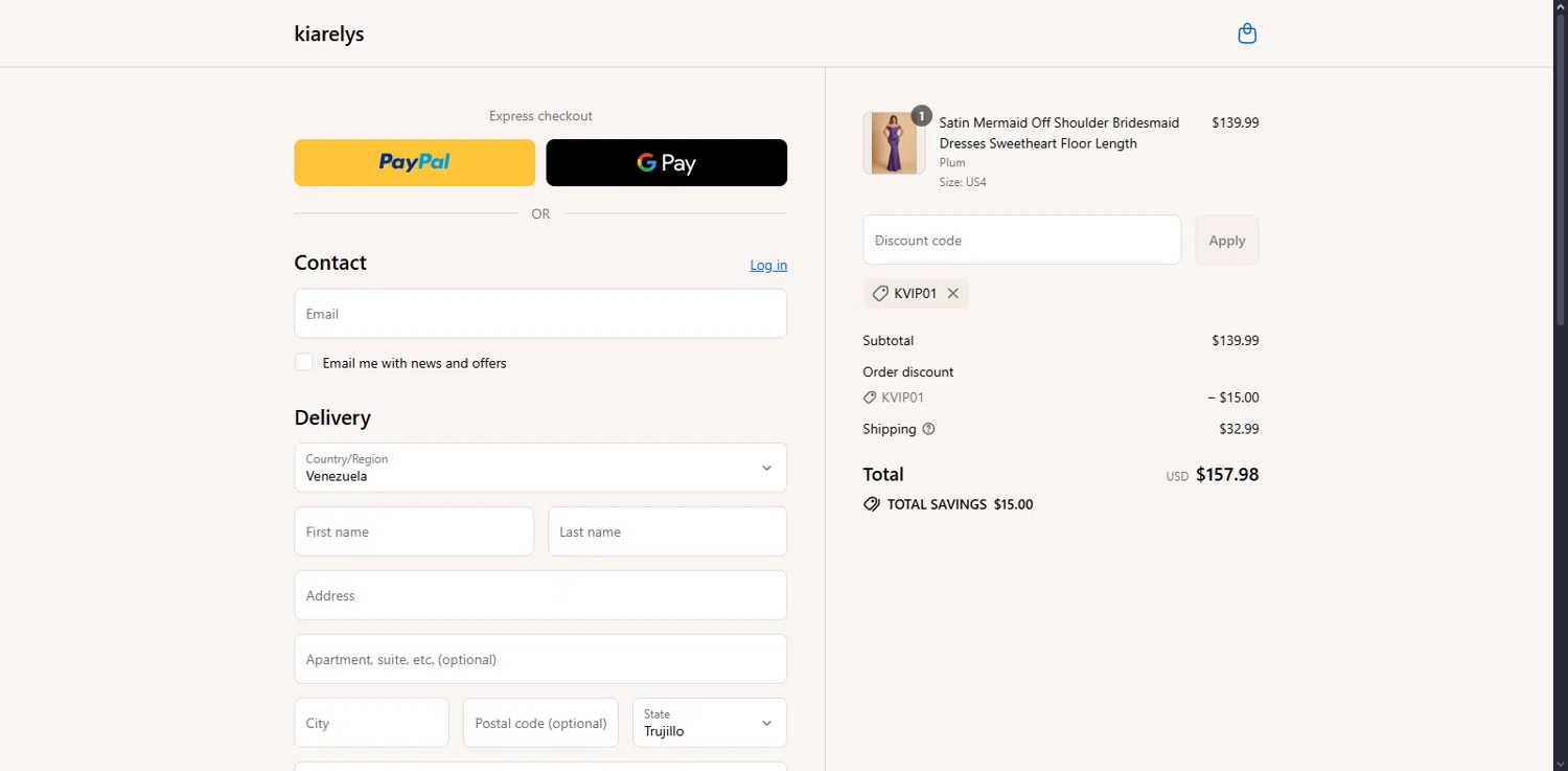 kiarelys promo code screenshot showing code KVIP01 applied at kiarelys checkout page. Uploaded by SimplyCodes community member Serdanvz on Sep 3, 2025