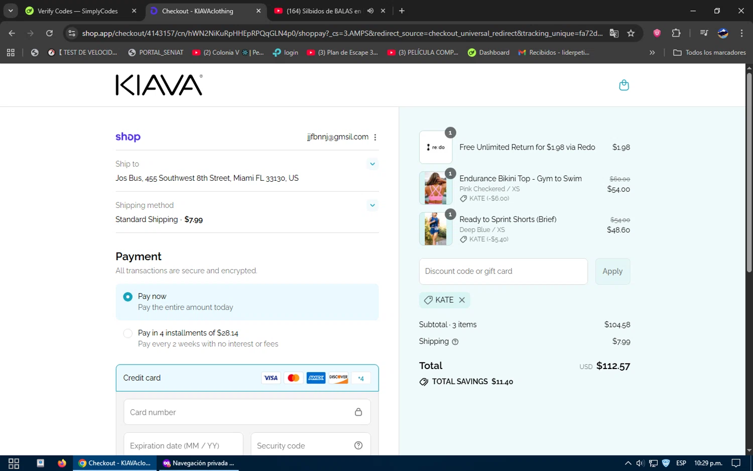 Kiava Clothing promo code screenshot showing code KATE applied at Kiava Clothing checkout page. Uploaded by SimplyCodes community member SavvySage3352 on Aug 30, 2025