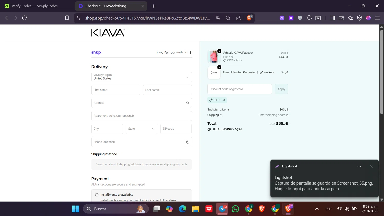 Kiava Clothing promo code screenshot showing code KATE applied at Kiava Clothing checkout page. Uploaded by SimplyCodes community member Toji_fushiguro on Oct 2, 2025