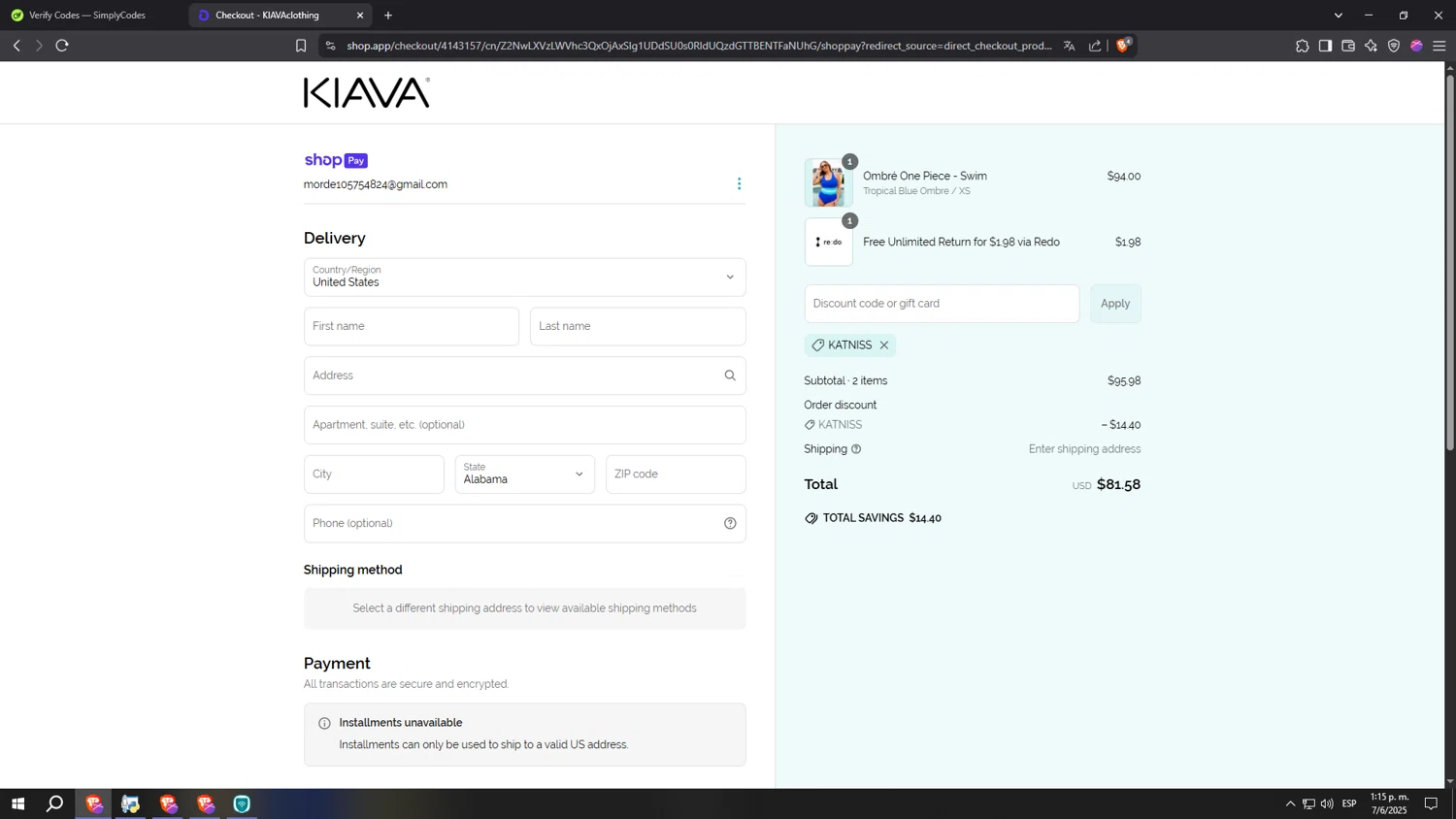 Kiava Clothing promo code screenshot showing code KATNISS applied at Kiava Clothing checkout page. Uploaded by SimplyCodes community member kkkkkkkkkkkkkkkkkkkk on Jun 7, 2025