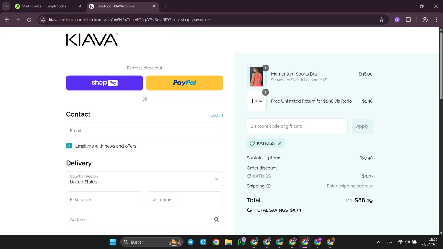 Kiava Clothing promo code screenshot showing code KATNISS applied at Kiava Clothing checkout page. Uploaded by SimplyCodes community member SilverWhiz4145 on Aug 21, 2025