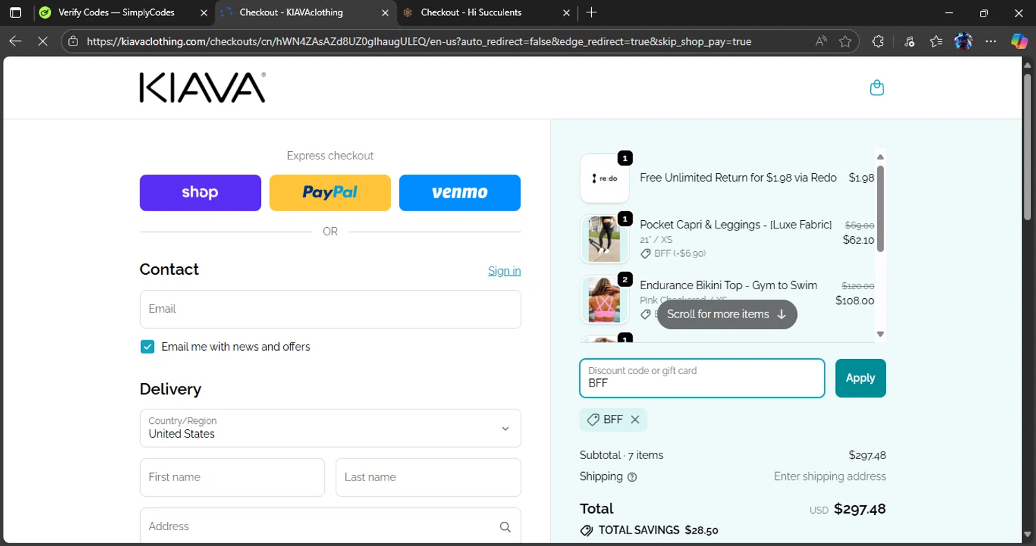 Kiava Clothing promo code screenshot showing code BFF applied at Kiava Clothing checkout page. Uploaded by SimplyCodes community member Alichi04 on Oct 26, 2025