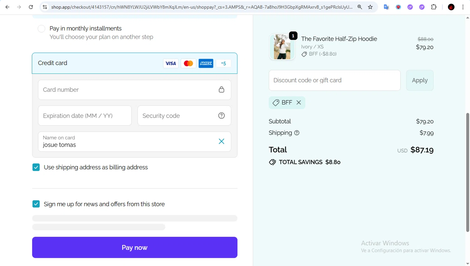 Kiava Clothing promo code screenshot showing code BFF applied at Kiava Clothing checkout page. Uploaded by SimplyCodes community member Francisco01 on Feb 8, 2026