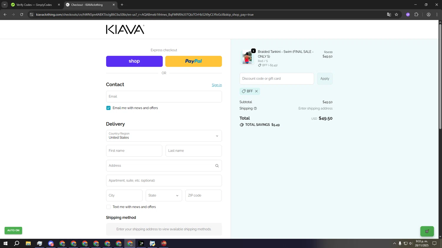 Kiava Clothing promo code screenshot showing code BFF applied at Kiava Clothing checkout page. Uploaded by SimplyCodes community member wwwwwwwwwwwwwww on Nov 29, 2025