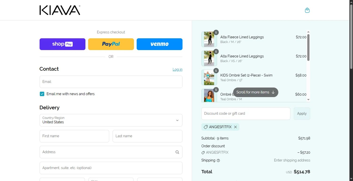 Kiava Clothing promo code screenshot showing code ANGIESFITFIX applied at Kiava Clothing checkout page. Uploaded by SimplyCodes community member BonusFox1297 on Jun 7, 2025
