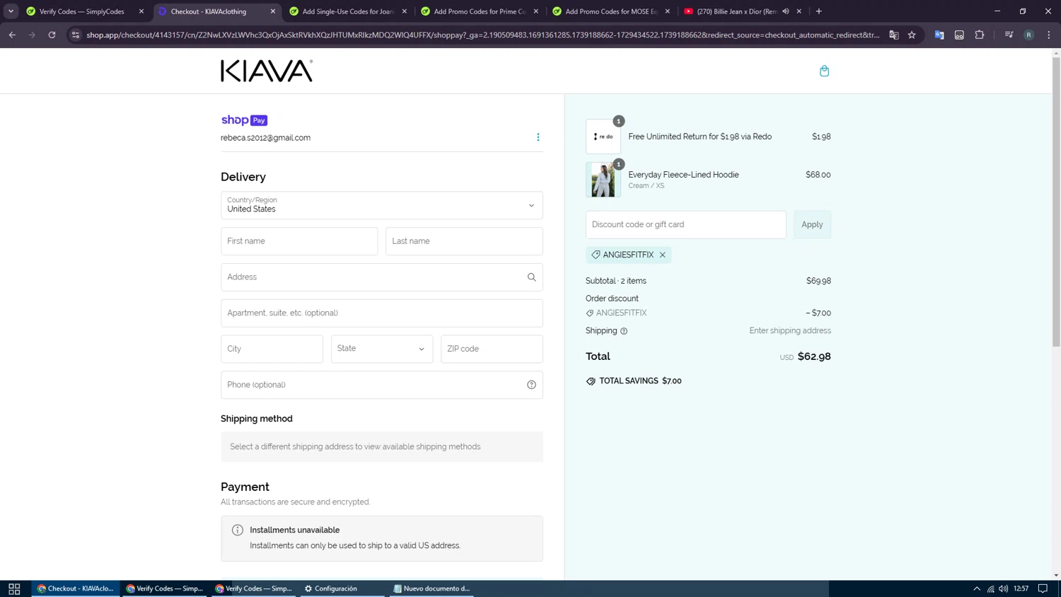 Kiava Clothing promo code screenshot showing code ANGIESFITFIX applied at Kiava Clothing checkout page. Uploaded by SimplyCodes community member DennyG on Feb 10, 2025
