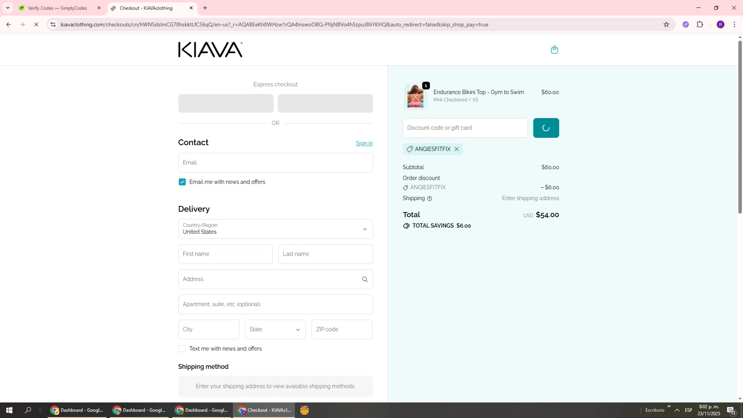 Kiava Clothing promo code screenshot showing code ANGIESFITFIX applied at Kiava Clothing checkout page. Uploaded by SimplyCodes community member ukemochi on Nov 24, 2025