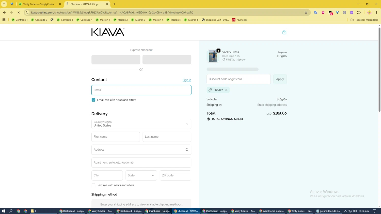 Kiava Clothing promo code screenshot showing code first20 applied at Kiava Clothing checkout page. Uploaded by SimplyCodes community member GloriousRanger3439 on Dec 15, 2025