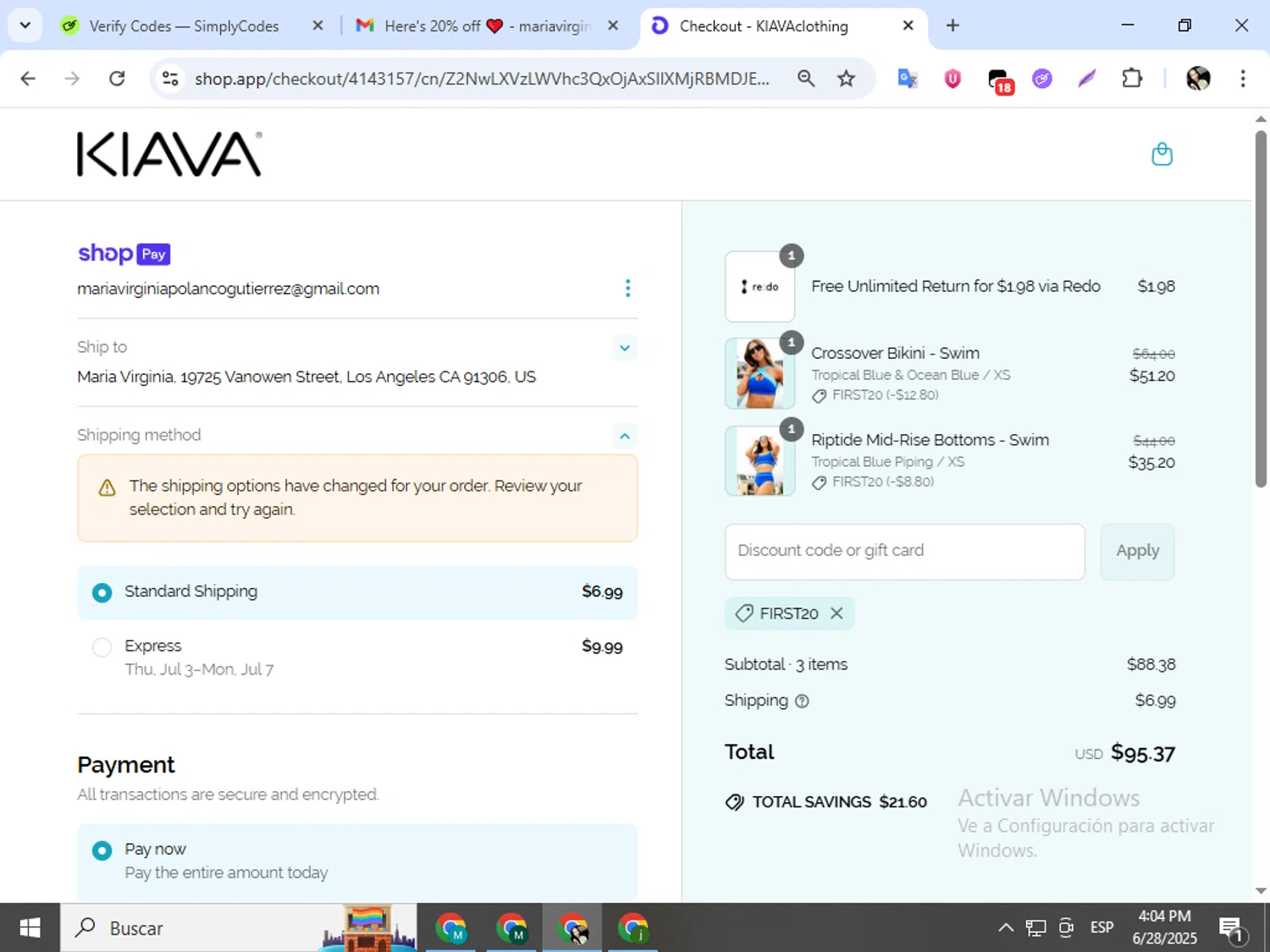 Kiava Clothing promo code screenshot showing code FIRST20 applied at Kiava Clothing checkout page. Uploaded by SimplyCodes community member estrellaveloz on Jun 28, 2025