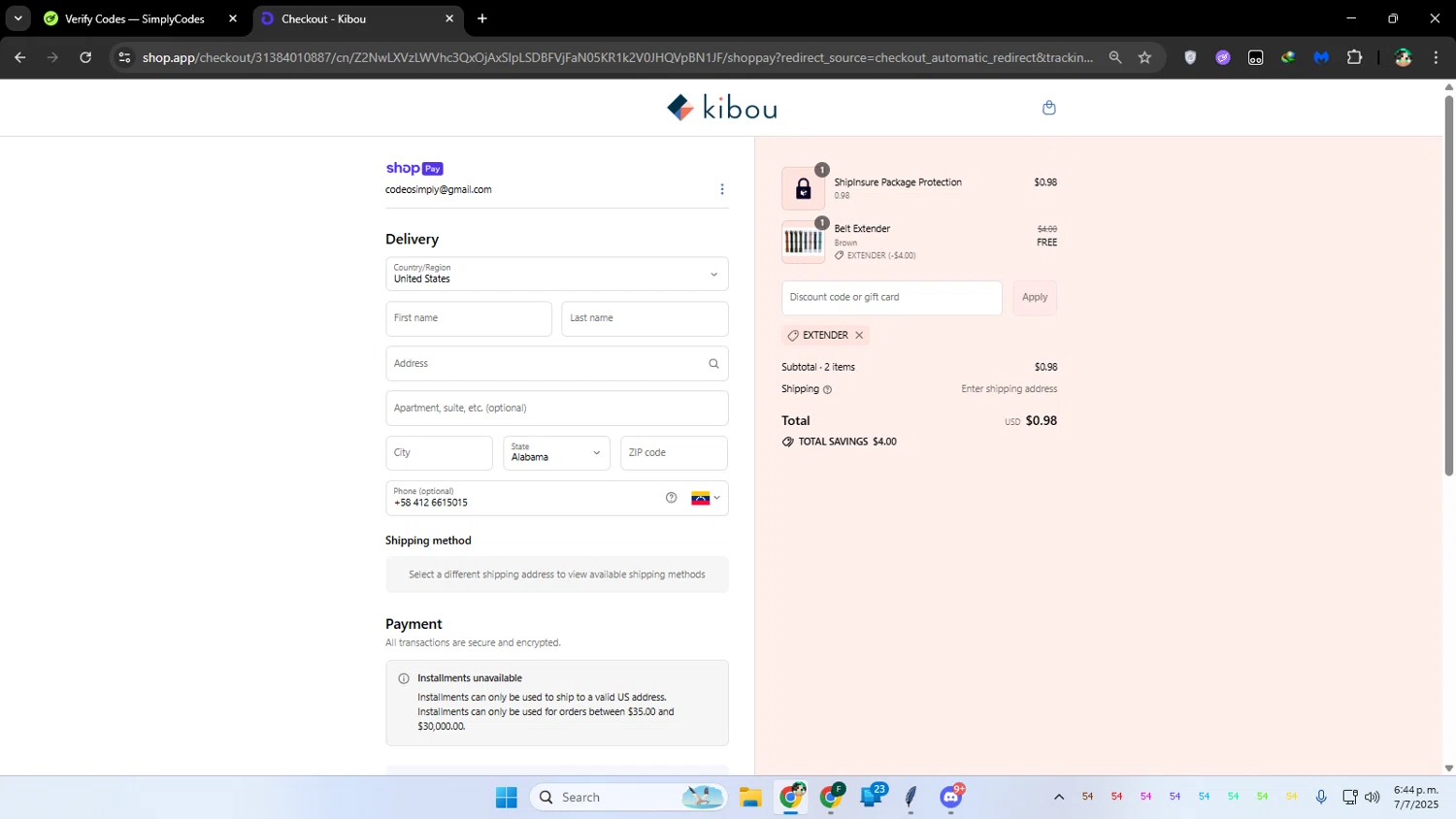Kibou Bag discount code screenshot showing code EXTENDER applied at Kibou Bag checkout page. Uploaded by SimplyCodes community member franalepe on Jul 7, 2025