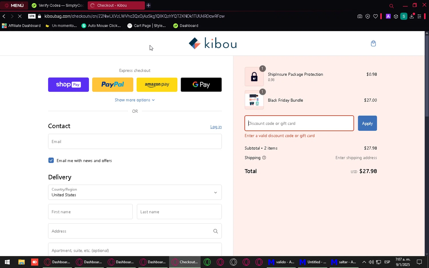Kibou Bag discount code screenshot showing code BOGO20 applied at Kibou Bag checkout page. Uploaded by SimplyCodes community member PromoEagle6451 on Jan 9, 2025