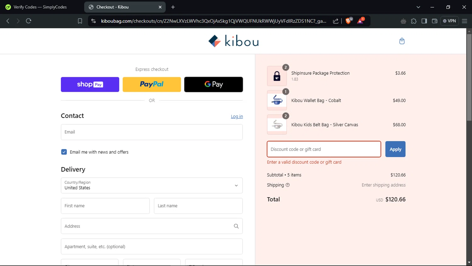 Kibou Bag discount code screenshot showing code BOGO20 applied at Kibou Bag checkout page. Uploaded by SimplyCodes community member PromoSpotter1784 on Jan 9, 2025