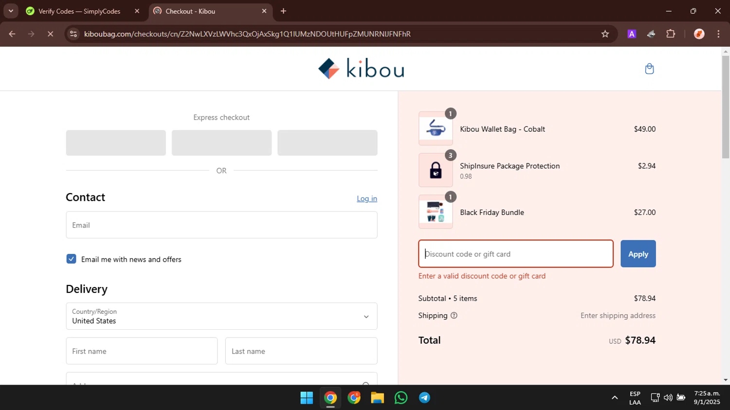 Kibou Bag discount code screenshot showing code BOGO20 applied at Kibou Bag checkout page. Uploaded by SimplyCodes community member AbusaGordas on Jan 9, 2025