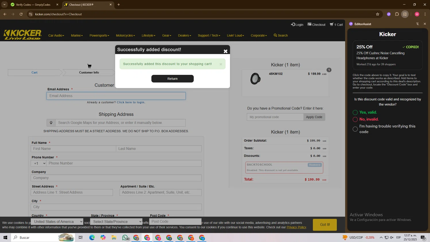 Kicker promo code screenshot showing code BACKTOSCHOOL applied at Kicker checkout page. Uploaded by SimplyCodes community member Chambeadoranonimo on Dec 25, 2025
