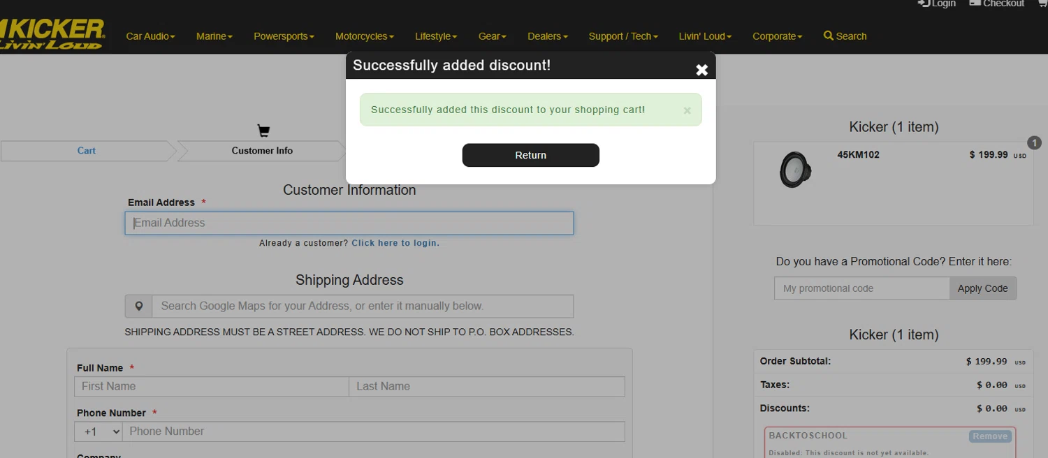 Kicker checkout page showing Kicker promo code box | Screenshot taken by SimplyCodes community member on Oct 4, 2025