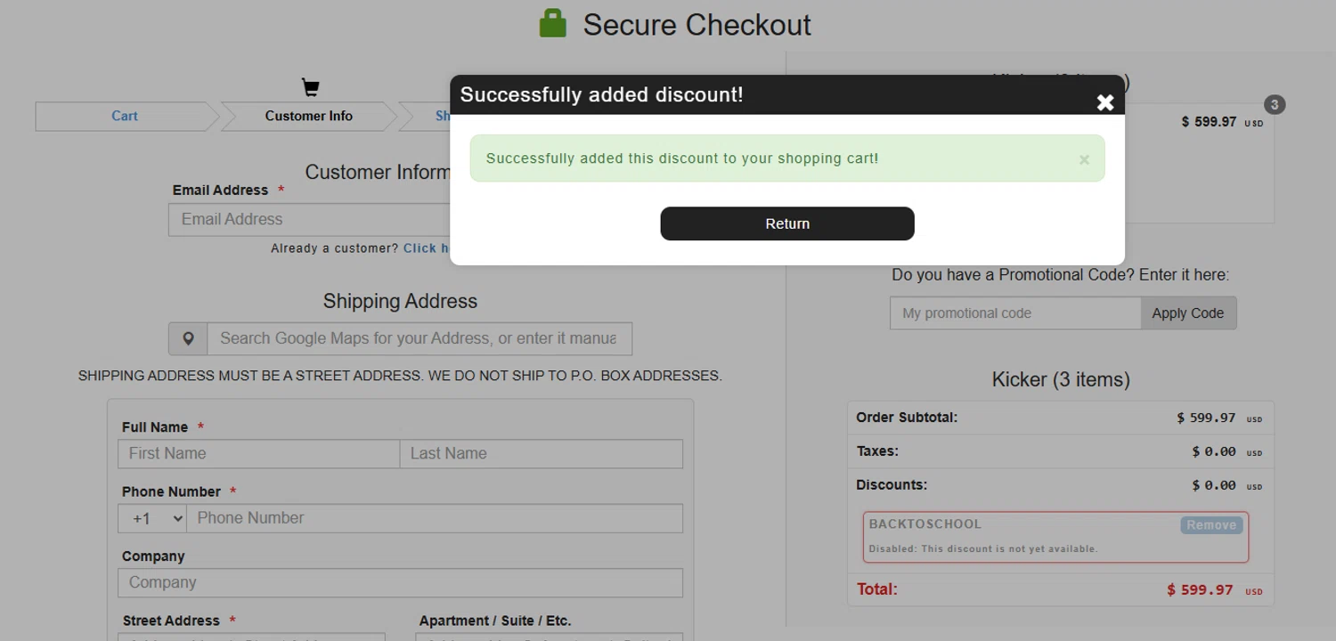 Kicker promo code screenshot showing code BACKTOSCHOOL applied at Kicker checkout page. Uploaded by SimplyCodes community member GoldAce6962 on Oct 27, 2025