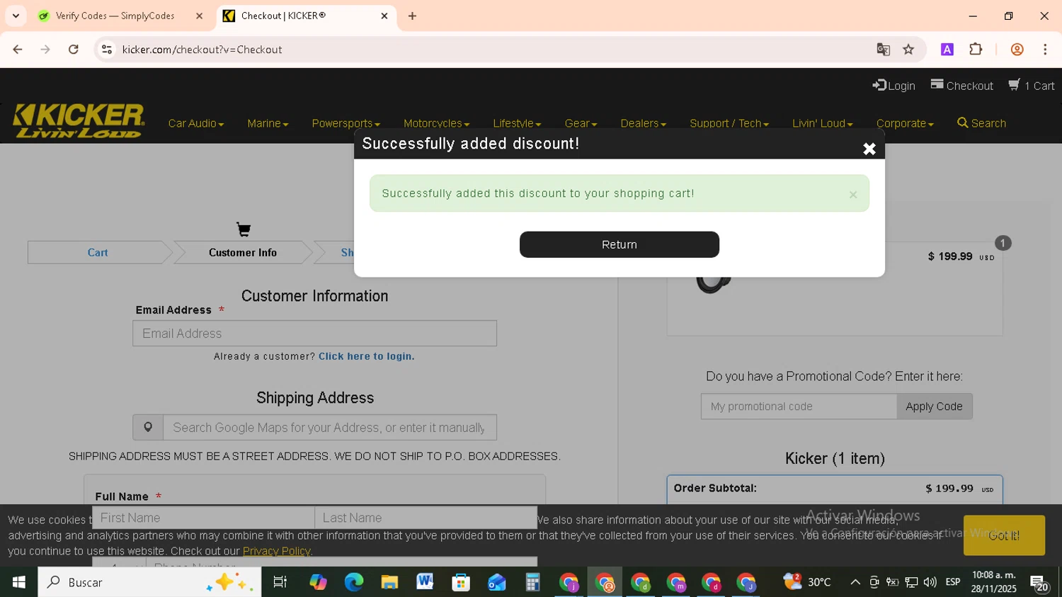 Kicker promo code screenshot showing code BACKTOSCHOOL applied at Kicker checkout page. Uploaded by SimplyCodes community member RebateCollector5909 on Nov 28, 2025