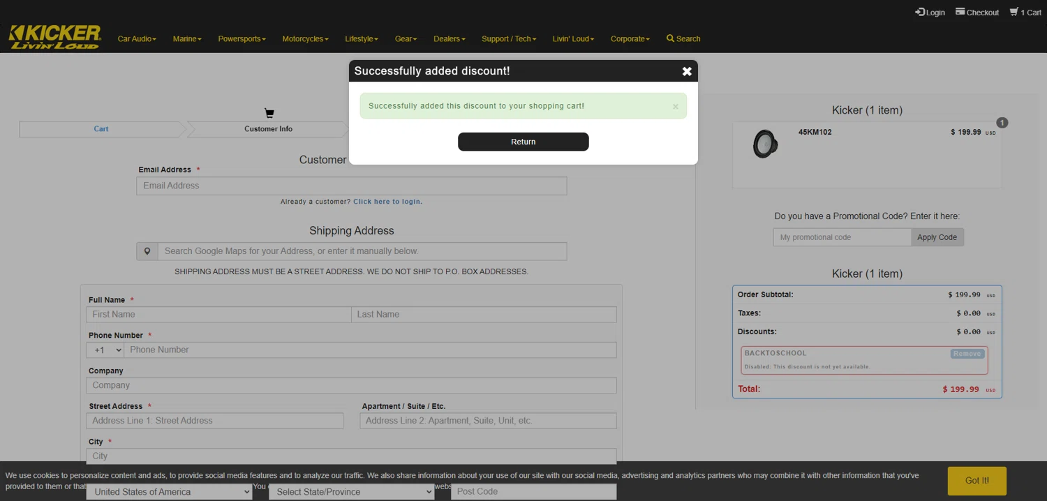 Kicker checkout page showing Kicker promo code box | Screenshot taken by SimplyCodes community member on Feb 5, 2026