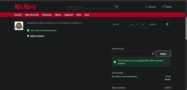 Kickers checkout page showing Kickers promo code box | Screenshot taken by SimplyCodes community member on Aug 31, 2025