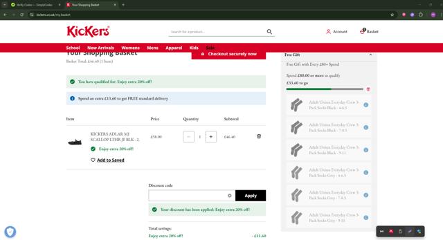 Kickers checkout page showing Kickers promo code box | Screenshot taken by SimplyCodes community member on Aug 22, 2025