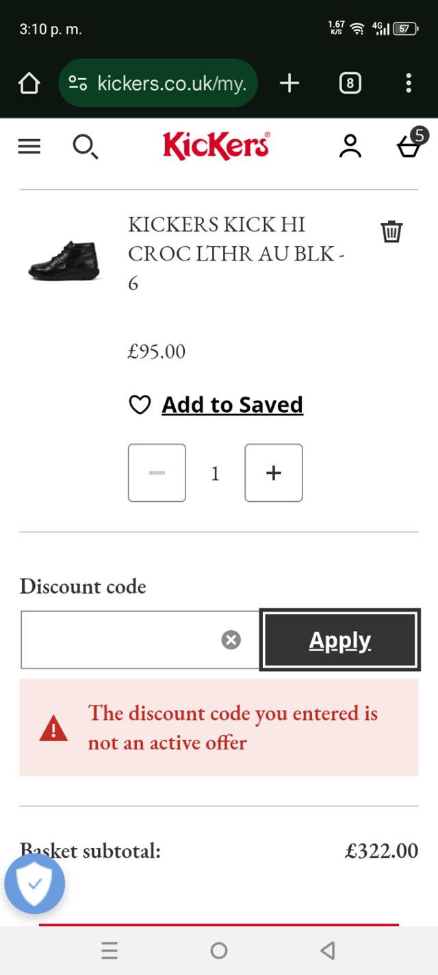Kickers checkout page showing Kickers promo code box | Screenshot taken by SimplyCodes community member on Aug 8, 2025