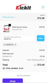 KICKIT10 coupon verification screenshot