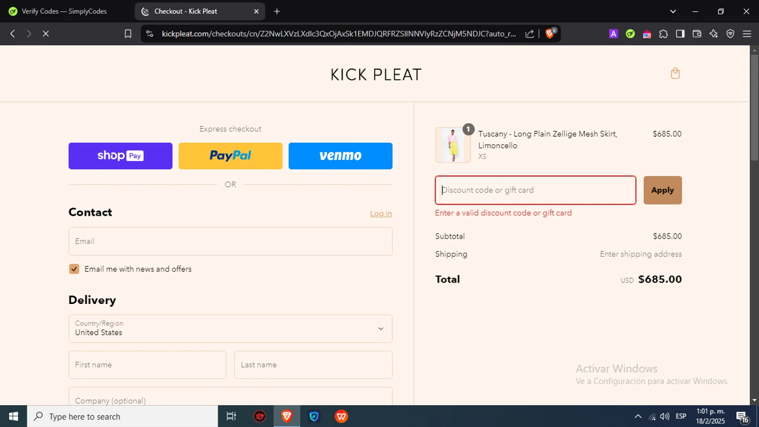 Kick Pleat promo code screenshot showing code EXTRA20 applied at Kick Pleat checkout page. Uploaded by SimplyCodes community member Juliocesar27 on Feb 18, 2025