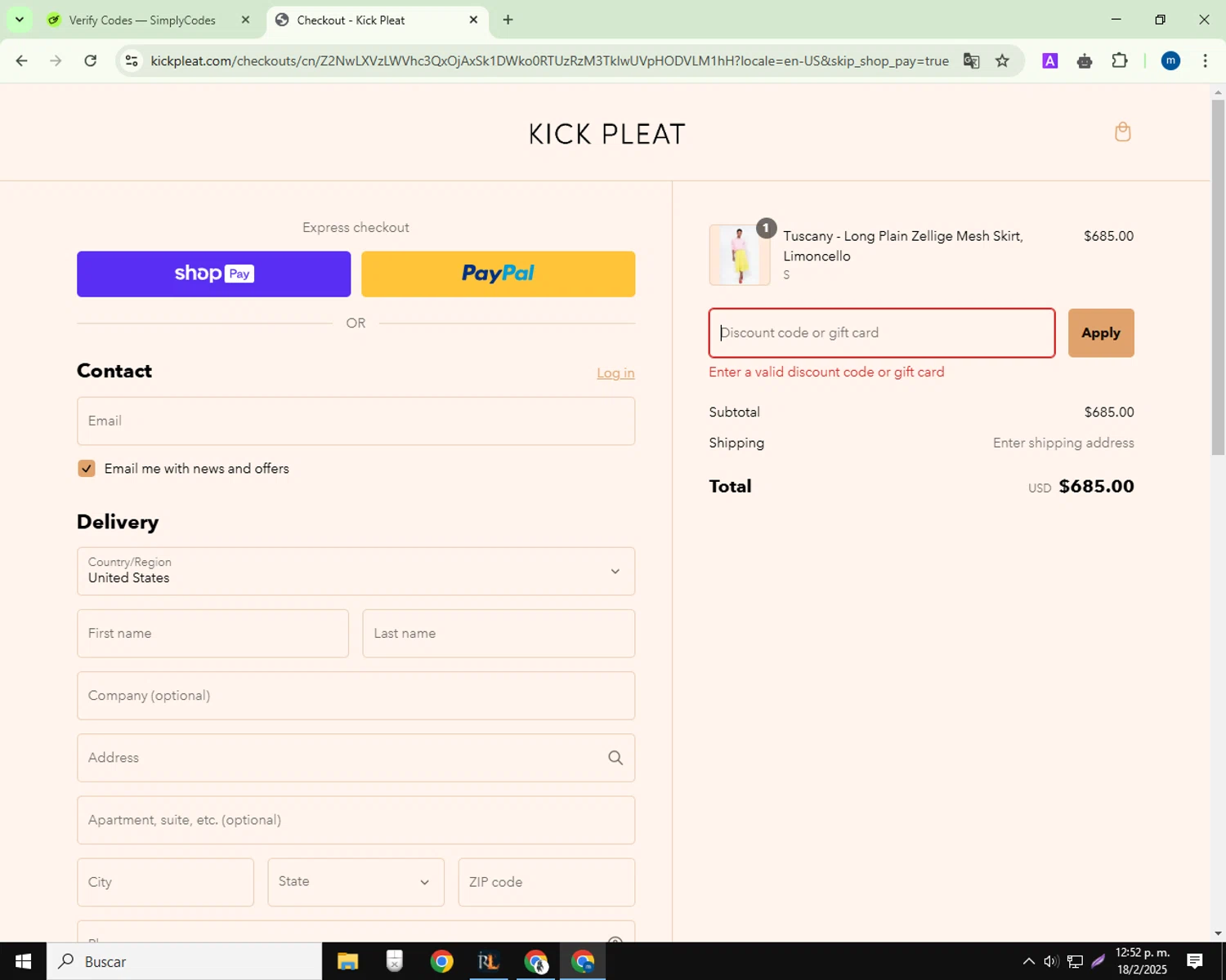 Kick Pleat promo code screenshot showing code EXTRA20 applied at Kick Pleat checkout page. Uploaded by SimplyCodes community member ThriftyTitan4052 on Feb 18, 2025