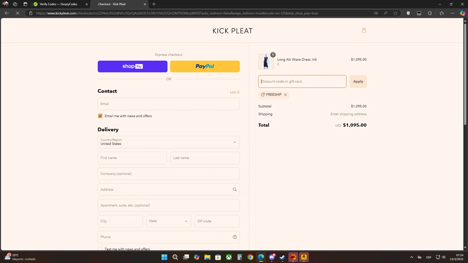 Kick Pleat checkout page showing Kick Pleat promo code box | Screenshot taken by SimplyCodes community member on Mar 13, 2025