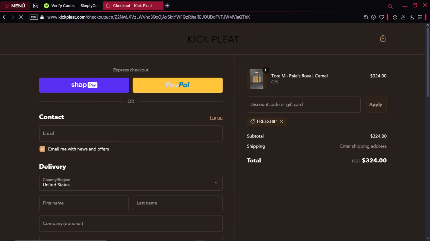 Kick Pleat checkout page showing Kick Pleat promo code box | Screenshot taken by SimplyCodes community member on Feb 12, 2025